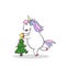 Cartoon unicorn decorate Christmas tree placing the star on top