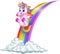 Cartoon unicorn sliding on a rainbow