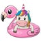 Cartoon Unicorn swimming on pool ring inflatable flamingo