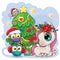 Cartoon Unicorn and two Owls is near the Christmas tree