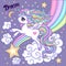 Cartoon unicorn. White, rainbow unicorn with a long mane. On a lilac background. Vector