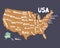 Cartoon USA map with cutout letters. Silhouette of the map with hand-written names of states.