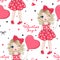 Cartoon valentines girl seamless pattern with cute girl, pink heart and bows.
