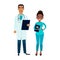 Cartoon vector african american doctor and nurse. Happy african male doctor with tablet and female assistant