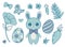 Cartoon vector collection set with pastel blue bunny wearing a bowtie, spring flowers, butterfly, carrots, leaves and easter eggs