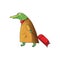 Cartoon vector design of humanized crocodile with suitcase on wheels. Green alligator in brown coat and red scarf