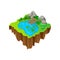 Cartoon vector design of isometric island. Lake with wooden pier, stones, green plants and grass. Element for mobile