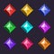 Cartoon vector gems and diamonds icons set in different colors with different shapes