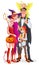 Cartoon vector Halloween family. Vampire, witch, devil, pirate and fairy.