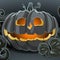 Cartoon vector halloween pumpkin with candle light inside on dark background, Scary Jack O Lantern.