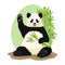 Cartoon vector illustration. Cute smiling giant panda sitting holding green bamboo branch and waving