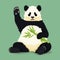 Cartoon vector illustration. Cute smiling giant panda sitting holding green bamboo branch and waving. Black and white asian bear.