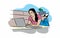 Cartoon vector illustration design, illustration of relaxed woman working from home with laptop accessing internet