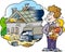 Cartoon Vector illustration of a family father looking at a new house