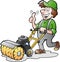 Cartoon Vector illustration of a Happy Gardener with his Sweeping Machine