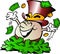 Cartoon Vector illustration of a Happy Golden Egg Mascot sitting in a big pile of Money