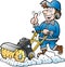 Cartoon Vector illustration of a Happy Handyman Worker with his Sweeping Machine
