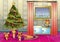 Cartoon vector illustration interior Christmas room with separated layers