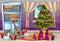 Cartoon vector illustration interior Christmas room with separated layers