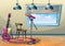 Cartoon vector illustration interior music room with separated layers