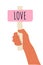 Cartoon vector illustration of Love banner in human hand on white background. Test question. Choice hesitate, dispute, opposition
