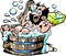 Cartoon Vector illustration of an Old dirty man who wash him selv in a Wooden Bathtub