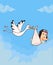 Cartoon vector illustration with stork bringing cute baby girl