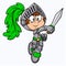 Cartoon vector knight illustration. Cute kid knight with sword and green feather on helmet. Medieval armor costume. Chivalry soldi