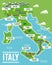 Cartoon vector map of Italy. Travel illustration with italian main cities.