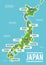 Cartoon vector map of Japan. Travel illustration with japanese main cities.