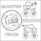 Cartoon vector of monster truck with little driver, hand drawn vector illustration. Cartoon isolated vector illustration, Creative