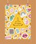 Cartoon vector pattern girlish accessories lipstick icecream kids unicorn rainbow and doghnut sticker illustration