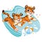 Cartoon vector playful tiger cubs run with a ball