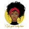 Cartoon vector portrait of an Afro American girl with curly hair, red turban and golden earrings. Fashion Illustration on white ba