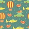 Cartoon vector seamless pattern with planes and air balloon. Bright background design. Travelling, journey