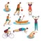 Cartoon vector set of men involved in various sports. Active workout. Athletic guys. Healthy lifestyle. Trendy people