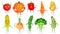 Cartoon vegetable character. Healthy veggies food mascot, baby carrot and funny cucumber. Vegetables isolated vector