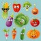 Cartoon vegetable characters. Vegetable emoticons. Sticker. Cucumber, tomato, broccoli, eggplant, cabbage, peppers, carrots, onion