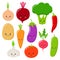 Cartoon vegetables vector set in flat style. Onion, carrot, cucumber, paprika, tomato, pepper, broccoli, garlic, potato