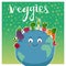 Cartoon veggies characters standing on Earth
