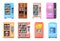 Cartoon vending machines. Automatic snacks machine bubblegum candies food bar, convenienc dispenser soda water drinks