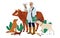 Cartoon vet doctor with animals. Veterinarian examining cow and goat. Veterinary help. Person checkup dog or cat. Man