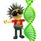 Cartoon vicious punk rock character looking at a DNA strand, 3d illustration