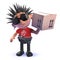 Cartoon vicious punk rocker character in 3d delivering a cardboard box