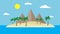 Cartoon view of a tropical island in the middle of an ocean or sea with a sandy beach, palm trees and mountains under a blue sky w