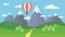 Cartoon view on the way to mountain landscape with a red hot air balloon flying in the hills with trees and snow on the peaks unde