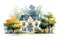 Cartoon village dwelling charming watercolor front exterior of old retro home house