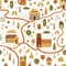 Cartoon village map. Cute map nature vector illustration. Cottage houses, forest, farm landscape. Cozy autumn town scene