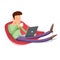 Cartoon Vintage Geek Eager Beaver Symbol Man with Laptop Drinks Coffee Tea Icon on Stylish Background Retro Design