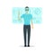 Cartoon Virtual Reality Man with Futuristic Technology Display Concept. Vector